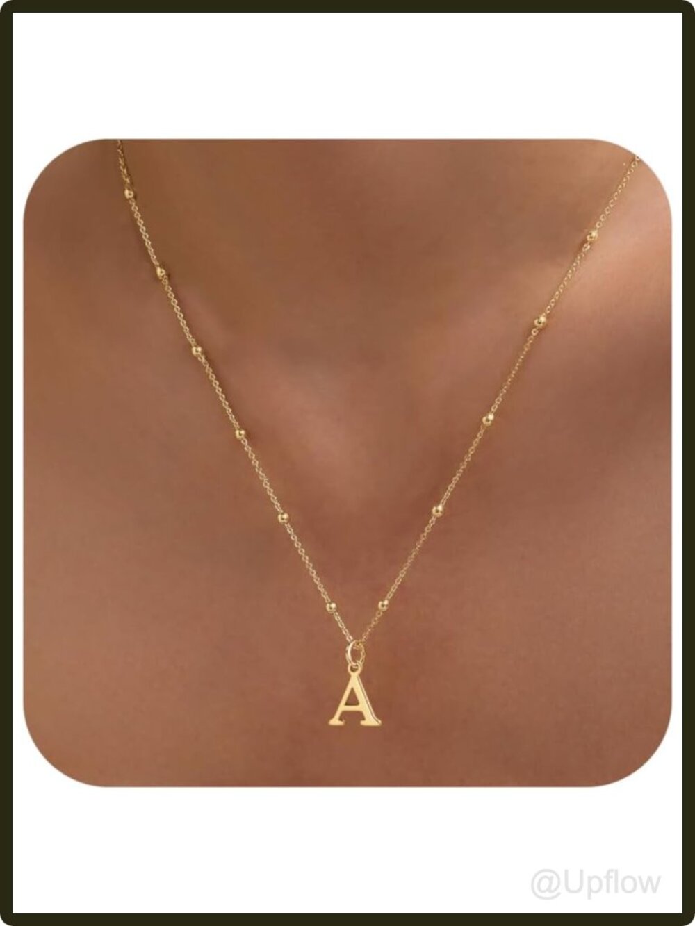 A Initial Necklace for Women 14k Gold Plated Dainty Bead Chain Pendant Choker